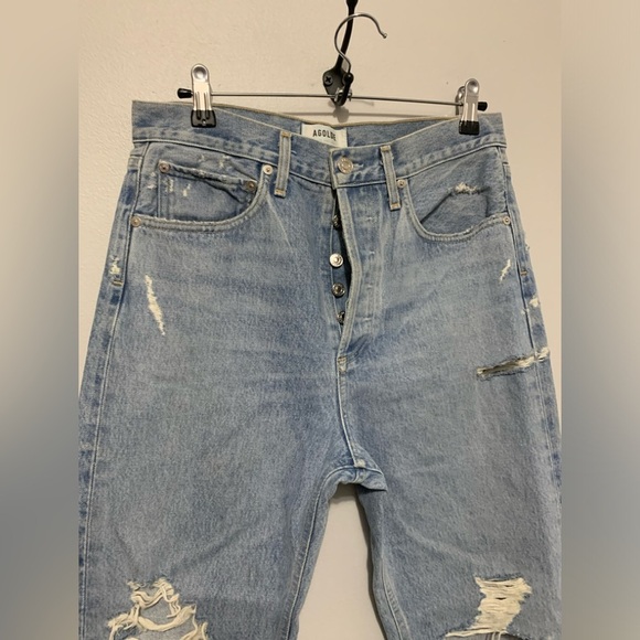 Agolde Blue Distressed Straight Leg Jeans - Picture 12 of 16